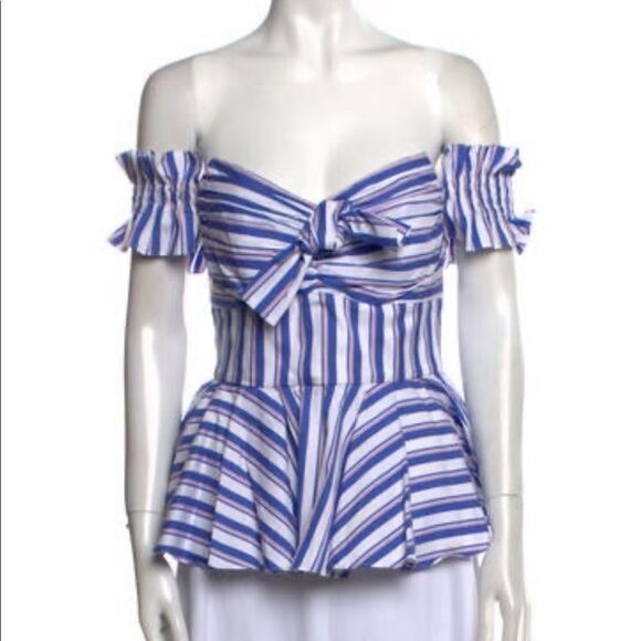 Caroline Constas Striped Off The Shoulder Blouse White Blue Cotton Size Medium - Picture 1 of 4